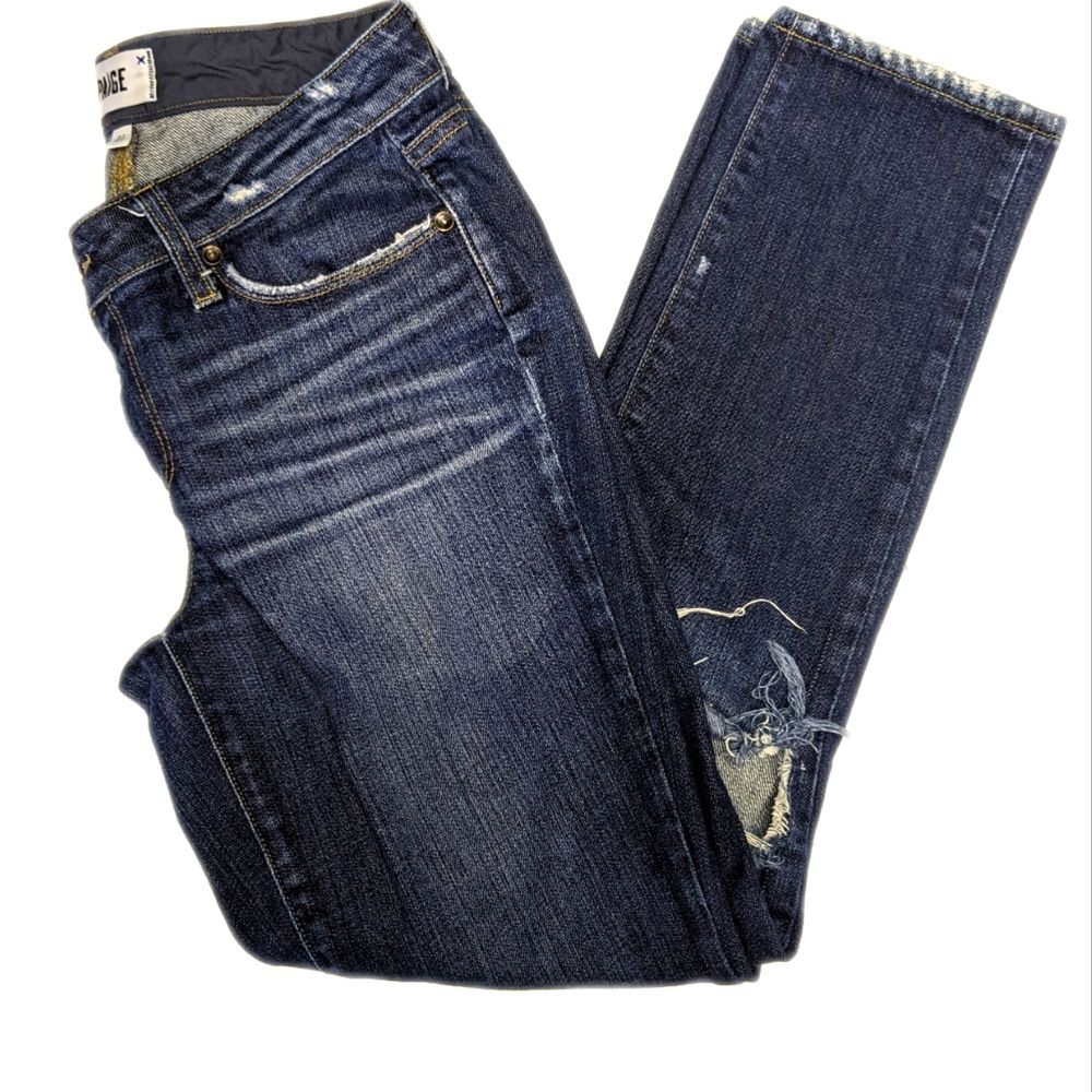 Paige mid rise distressed straight leg jeans, medium blue wash, size 27 (4)